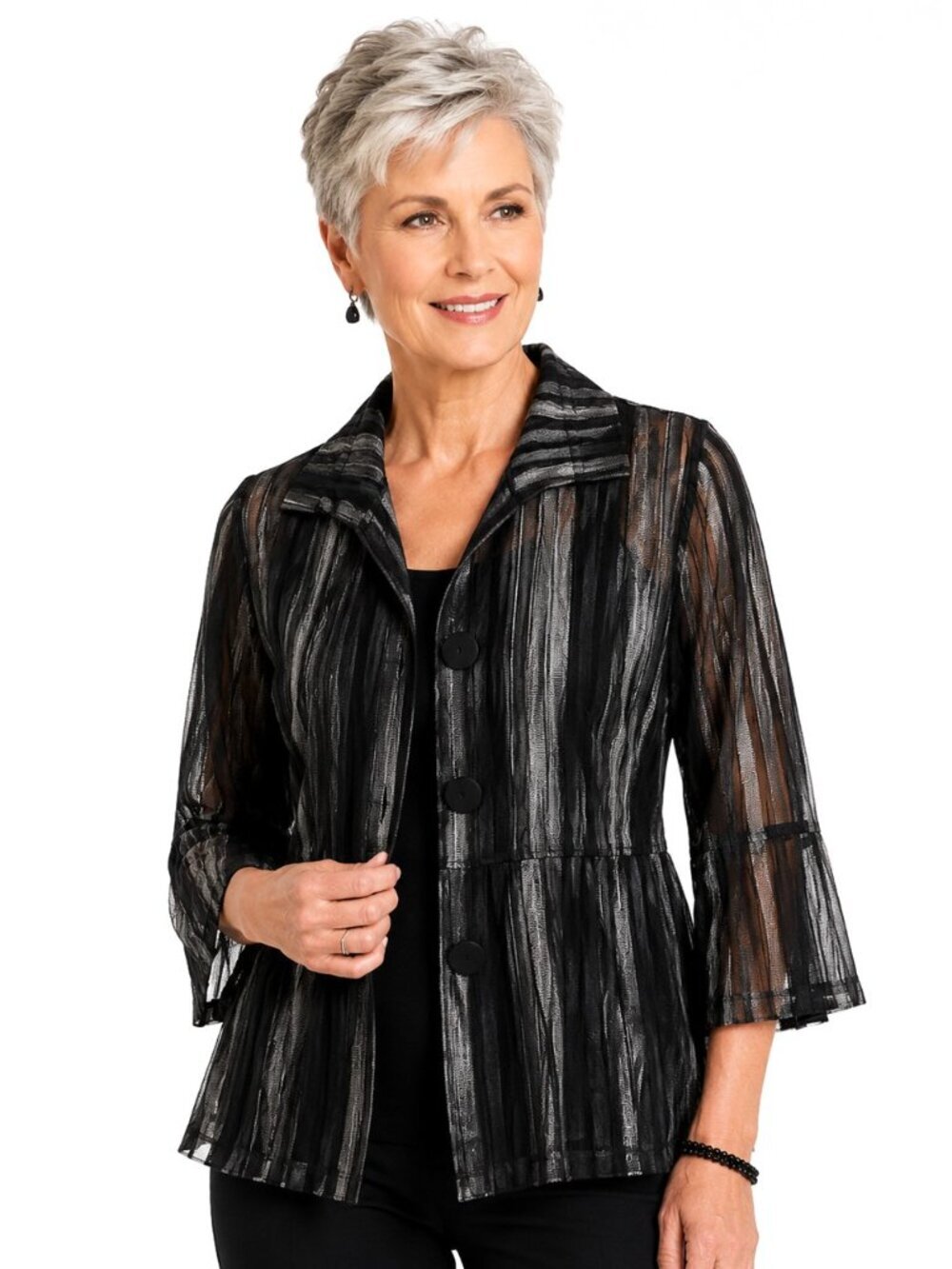Vintage Damee Black Grey Sheer Ribbon Stripe Mesh Jacket
